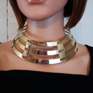 Chunky Gold Plated Grecian Cut Out Choker Statement Necklace